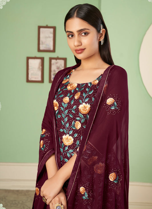 Incredible Garnet Maroon Georgette Embroidered Sarara Kameez