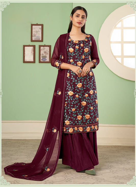 Incredible Garnet Maroon Georgette Embroidered Sarara Kameez