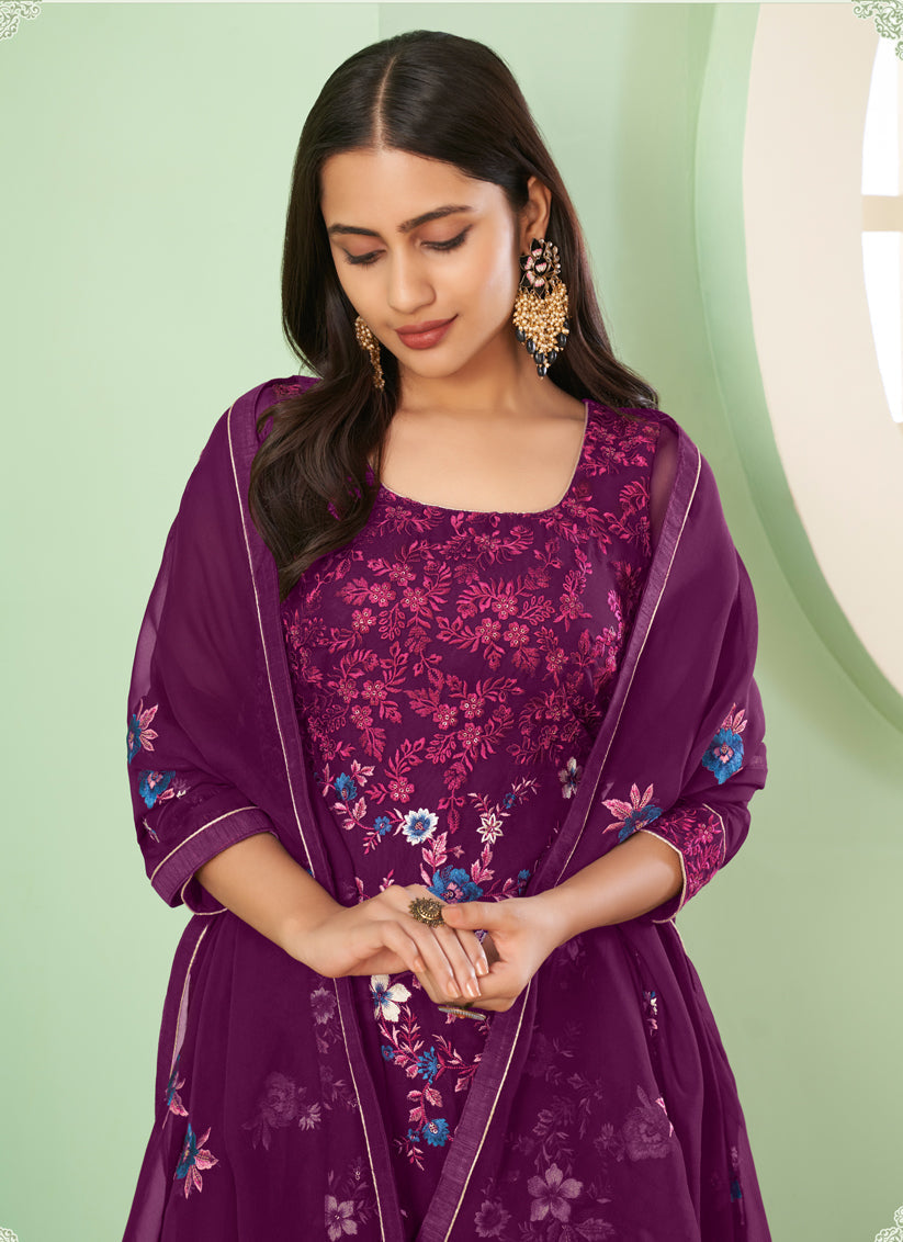 Pretty Wine Georgette Embroidered Sarara Kameez