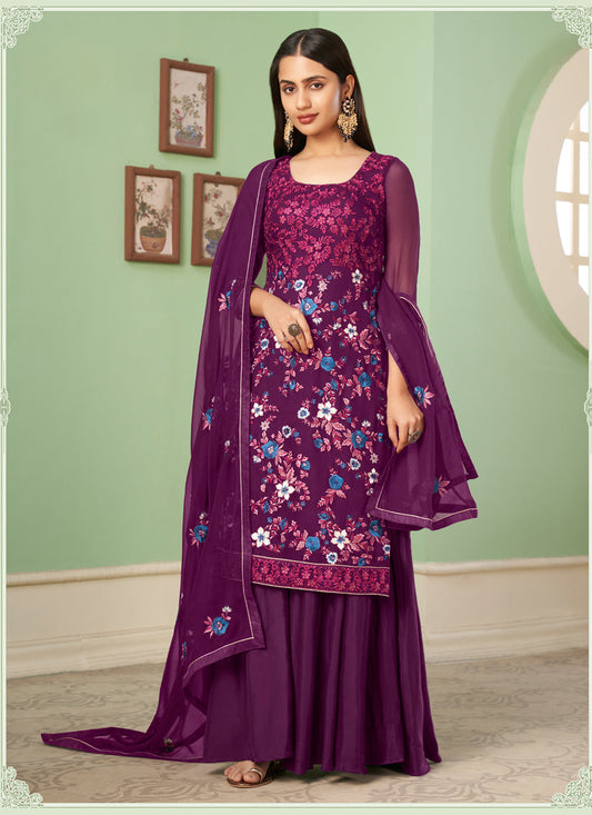 Pretty Wine Georgette Embroidered Sarara Kameez