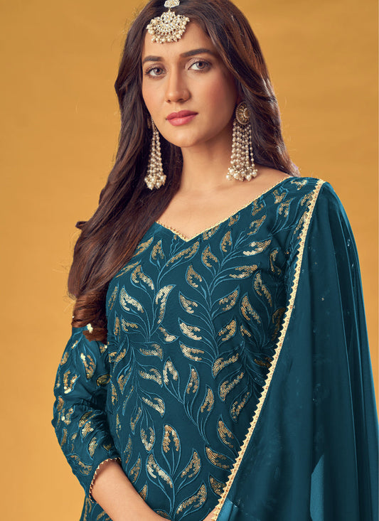 Flawless Peacock Blue Faux Georgette Sequins Palazzo Kameez