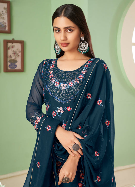 Amazing Prussian Blue Georgette Embroidered Sarara Kameez
