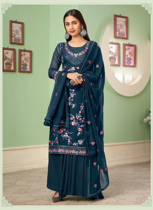 Amazing Prussian Blue Georgette Embroidered Sarara Kameez