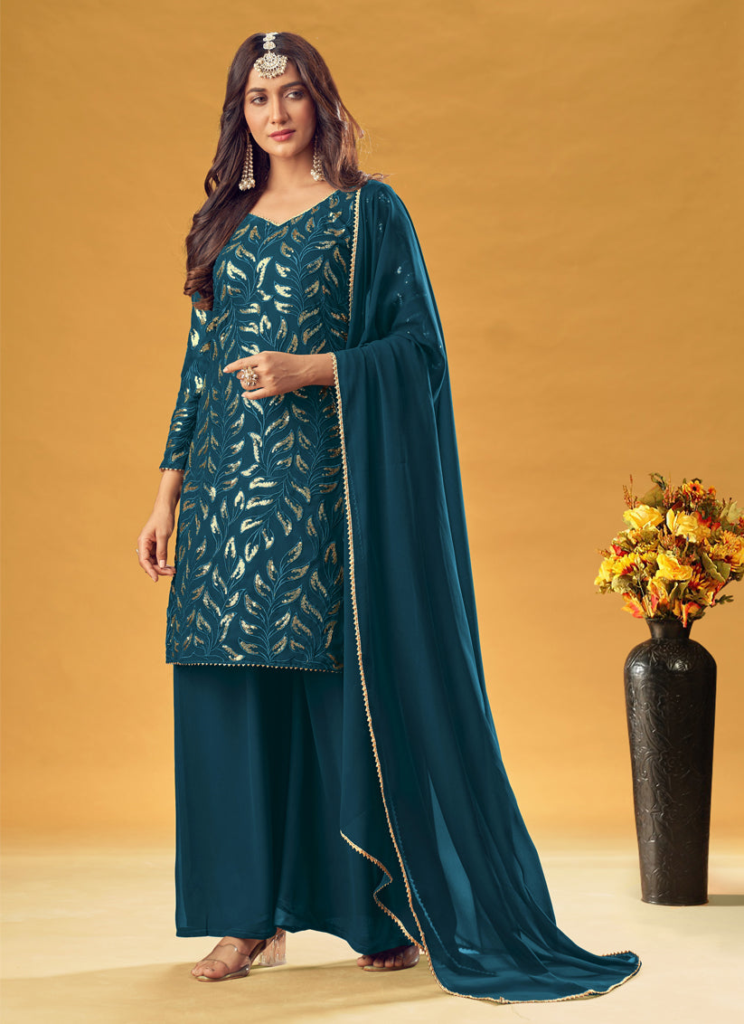 Flawless Peacock Blue Faux Georgette Sequins Palazzo Kameez