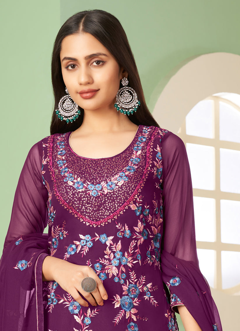 Sleek Wine Georgette Embroidered Sarara Kameez