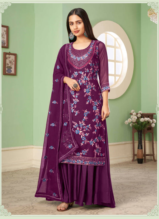 Sleek Wine Georgette Embroidered Sarara Kameez