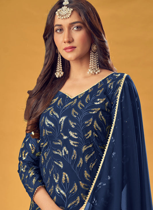 Delightful Navy Blue Faux Georgette Sequins Palazzo Kameez