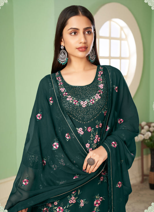 Charismatic Teal Green Georgette Embroidered Sarara Kameez