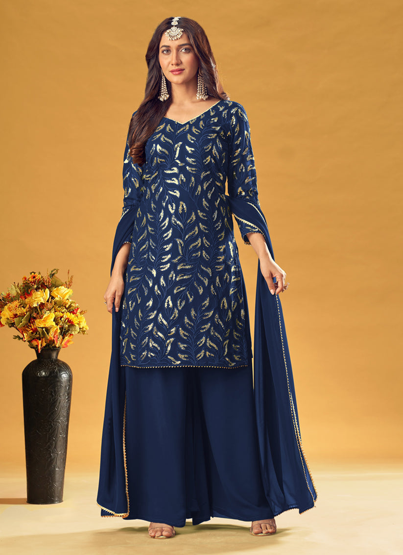 Delightful Navy Blue Faux Georgette Sequins Palazzo Kameez