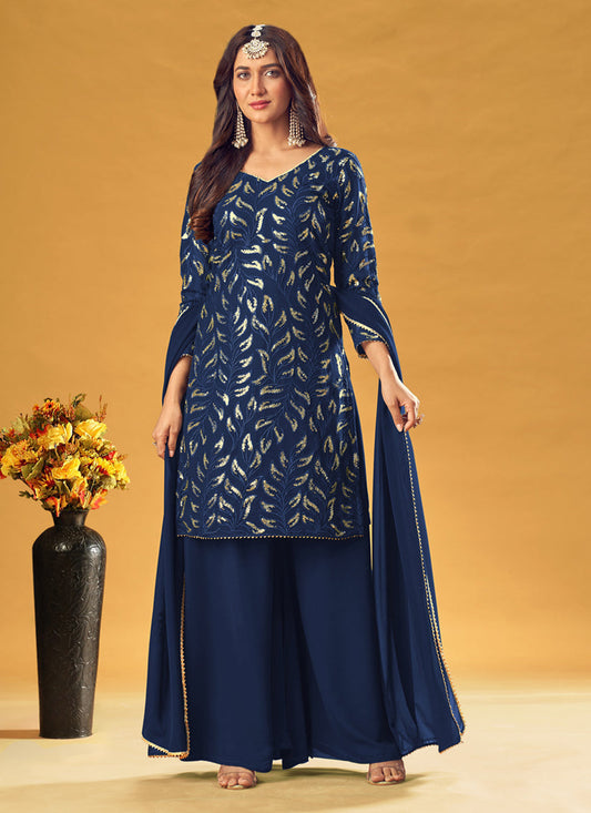 Delightful Navy Blue Faux Georgette Sequins Palazzo Kameez