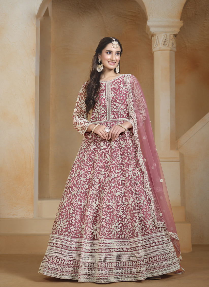 pink net chain style embroidered anarkali suit
