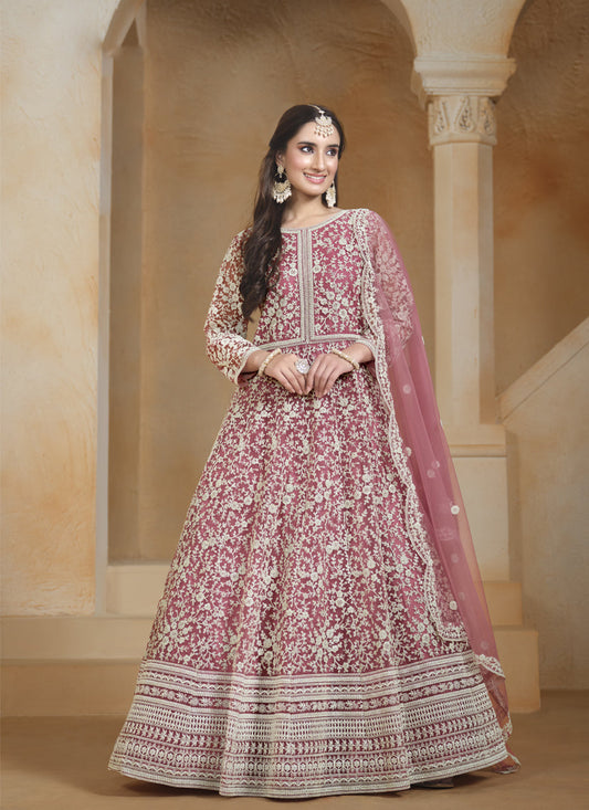 pink net chain style embroidered anarkali suit