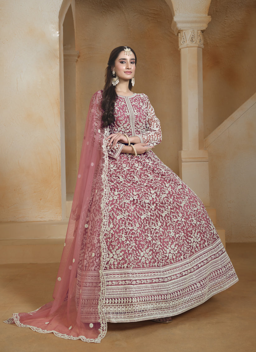 pink net chain style embroidered anarkali suit