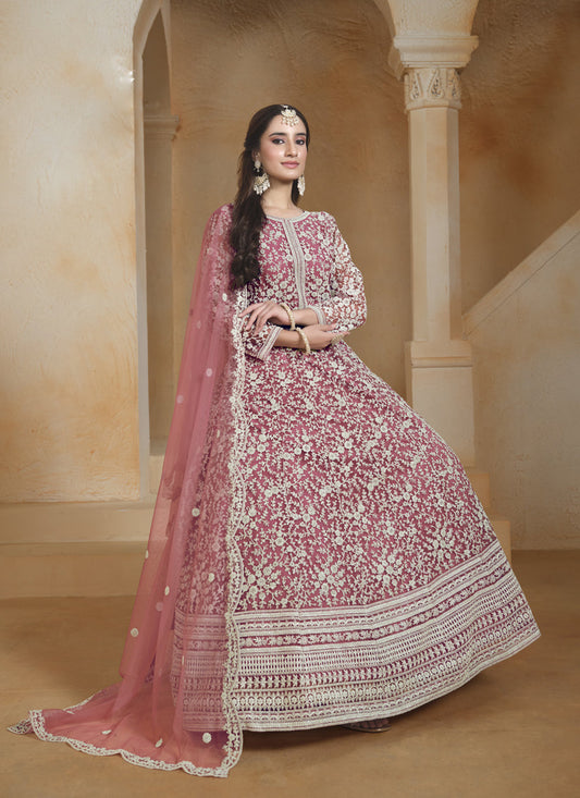 pink net chain style embroidered anarkali suit