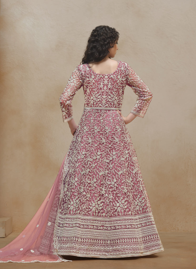 pink net chain style embroidered anarkali suit