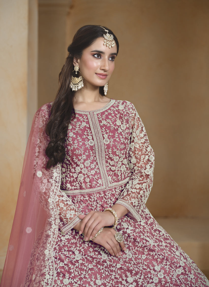 pink net chain style embroidered anarkali suit