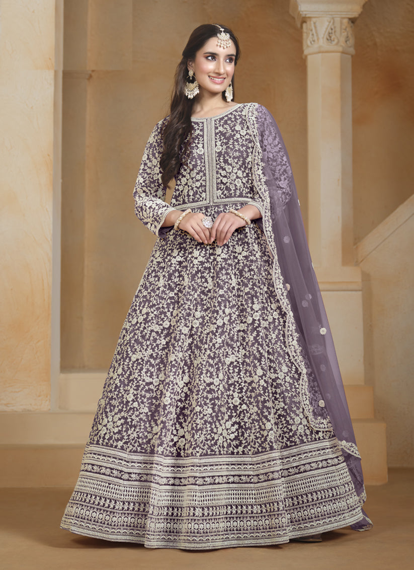 light purple chain style embroidered anarkali suit