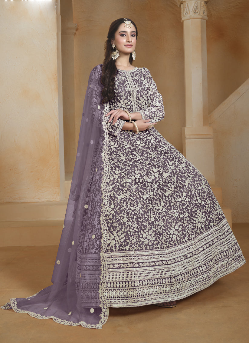 light purple chain style embroidered anarkali suit