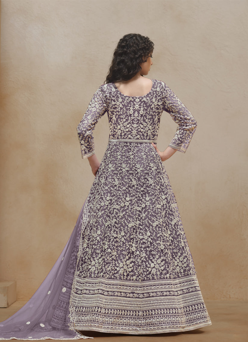 light purple chain style embroidered anarkali suit