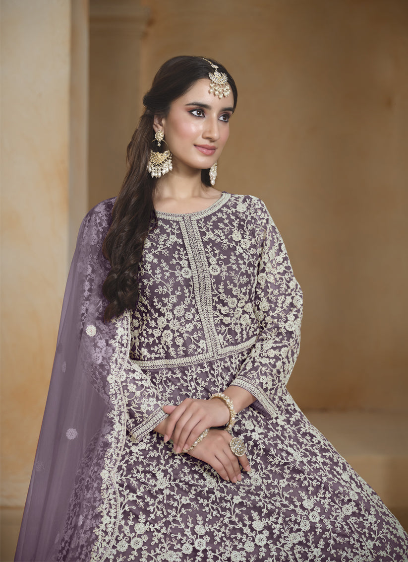 light purple chain style embroidered anarkali suit