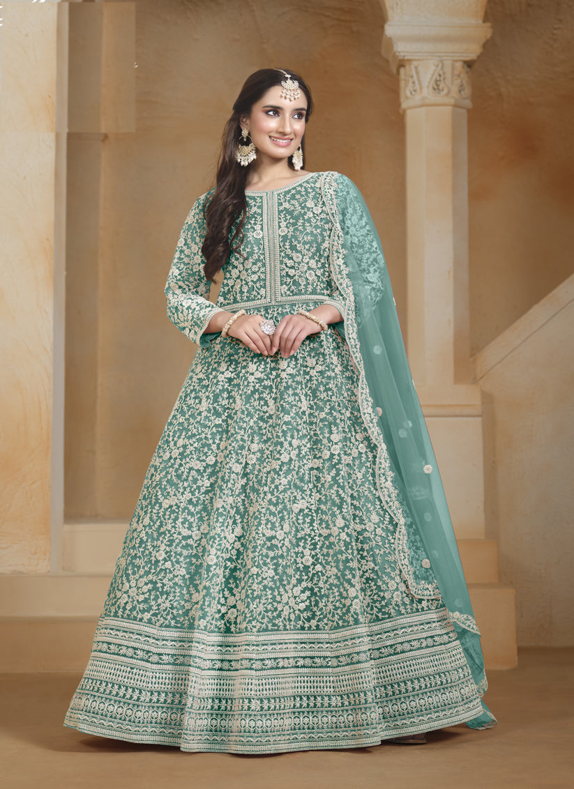 sea green chain style embroidered anarkali suit