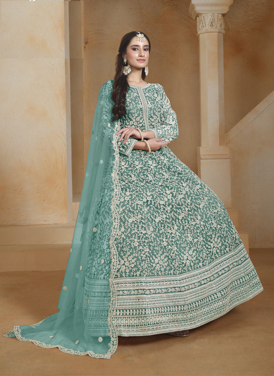sea green chain style embroidered anarkali suit
