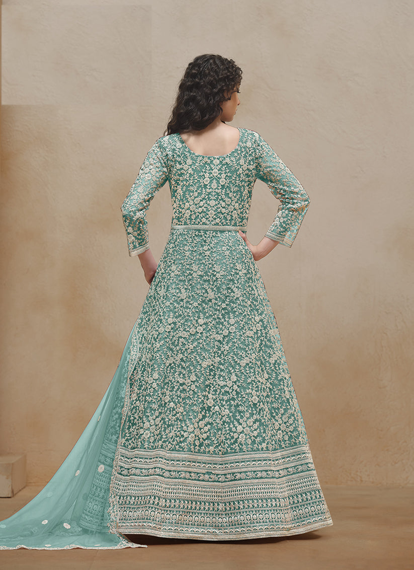 sea green chain style embroidered anarkali suit