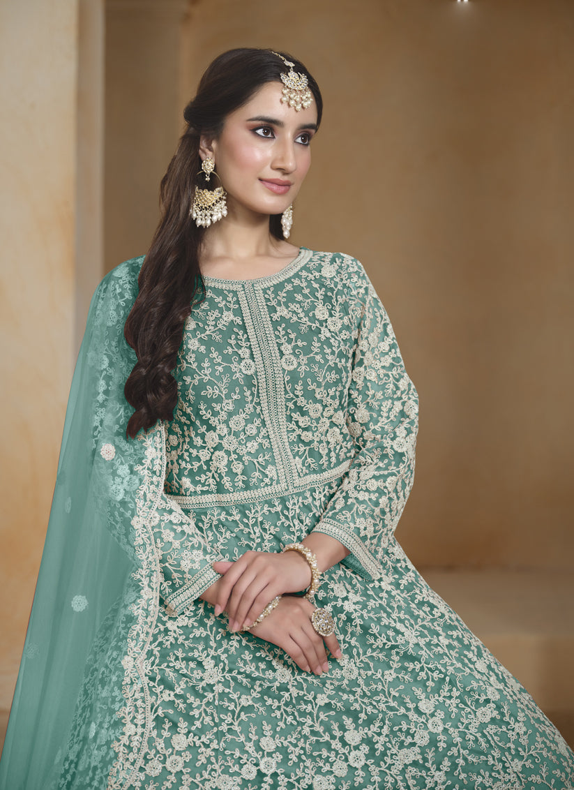 sea green chain style embroidered anarkali suit