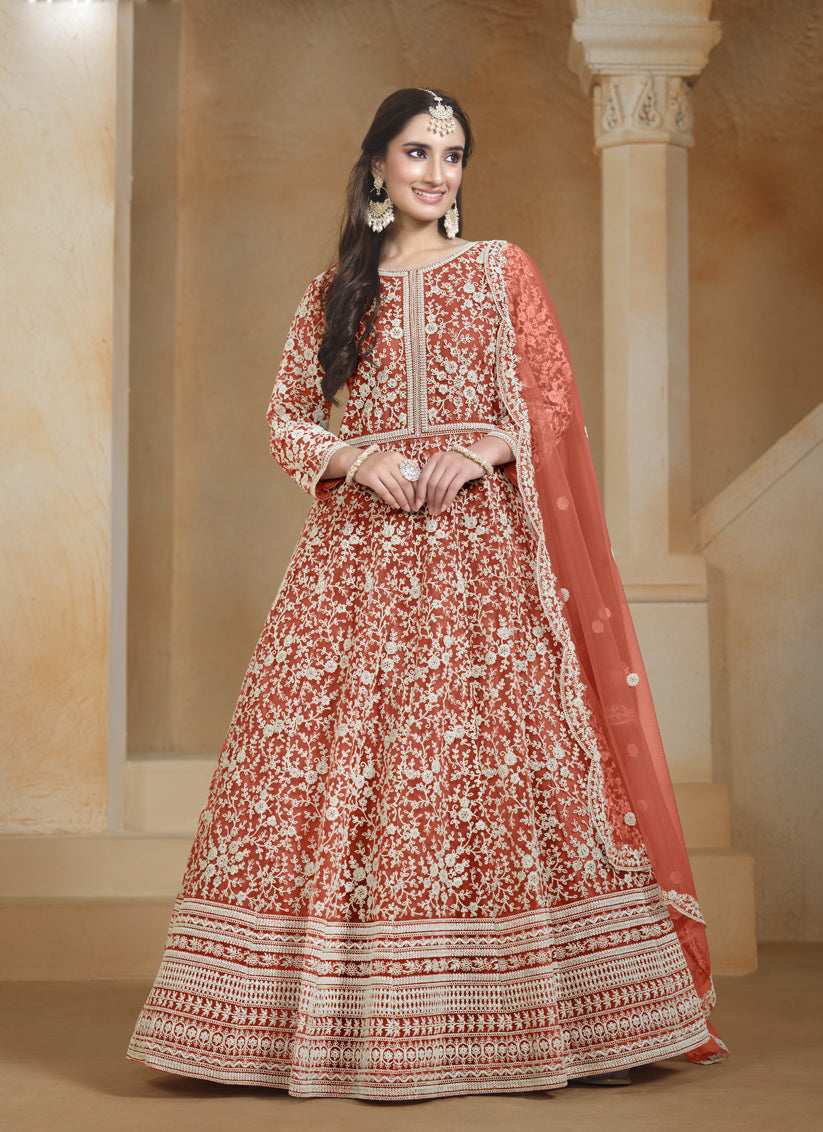 coral orange chain style embroidered anarkali suit
