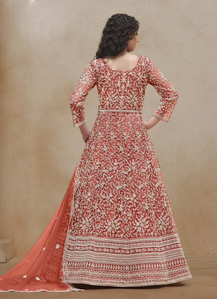 coral orange chain style embroidered anarkali suit