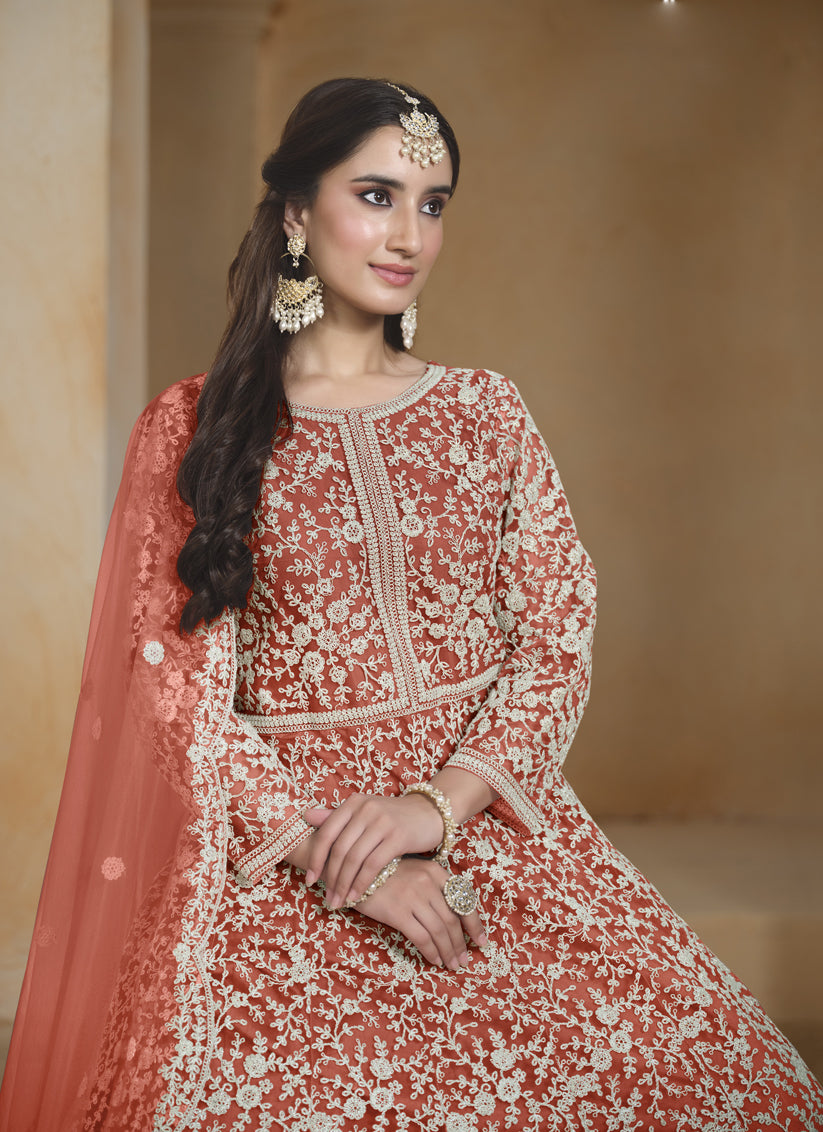 coral orange chain style embroidered anarkali suit