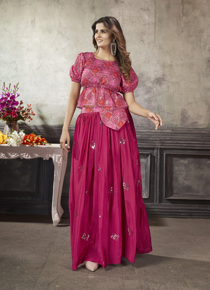 Lovely Rani Pink Art Silk Sequined Skirt with Crop Top