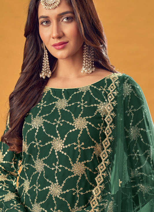 Delightful Bottle Green Faux Georgette Embroidered Palazzo Kameez