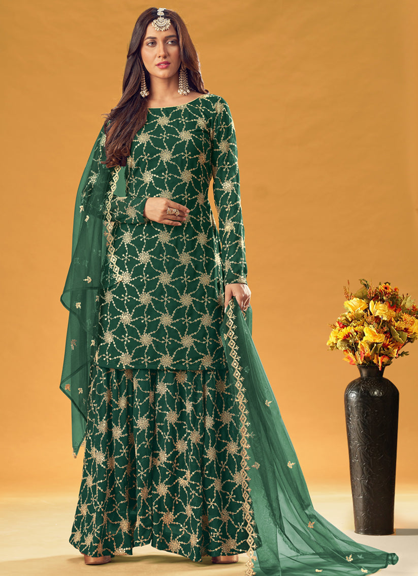 Delightful Bottle Green Faux Georgette Embroidered Palazzo Kameez
