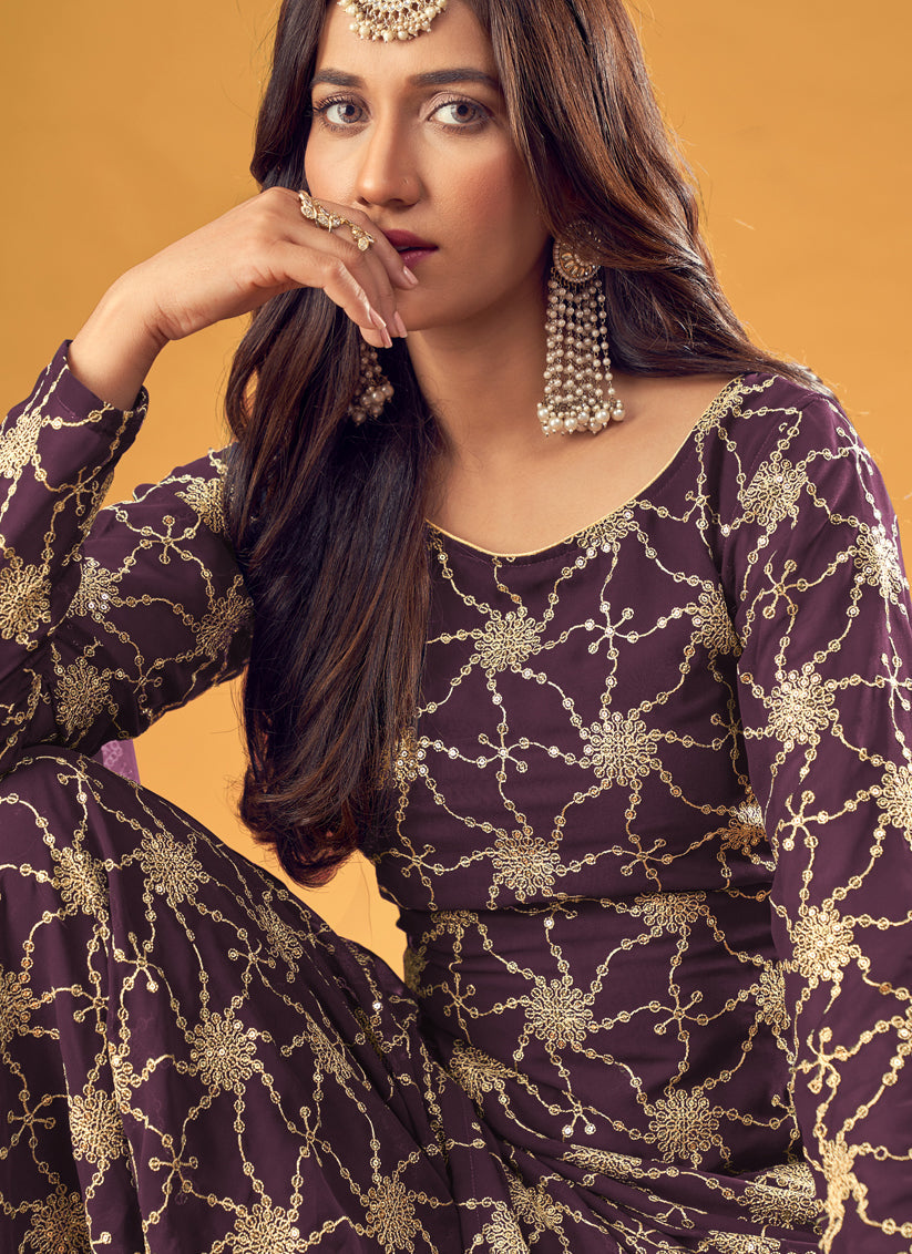 Stunning Burgundy Faux Georgette Embroidered Palazzo Kameez