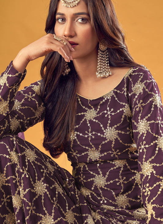 Stunning Burgundy Faux Georgette Embroidered Palazzo Kameez