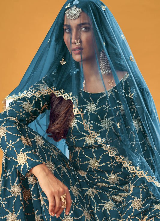 Bewitching Peacock Blue Faux Georgette Embroidered Palazzo Kameez