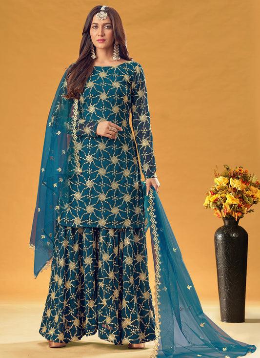 Bewitching Peacock Blue Faux Georgette Embroidered Palazzo Kameez