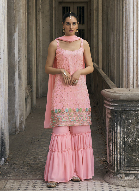 Coral Pink Faux Georgette Embroidered Designer Sharara Kameez