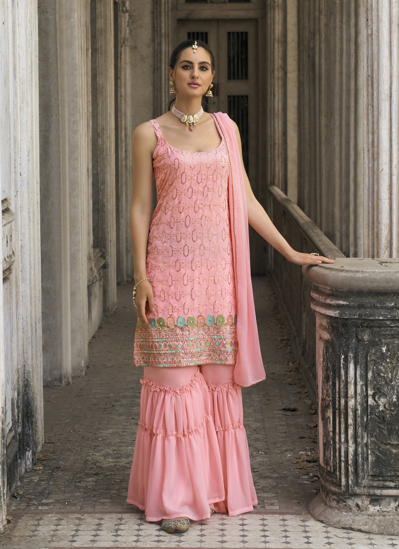 Coral Pink Faux Georgette Embroidered Designer Sharara Kameez