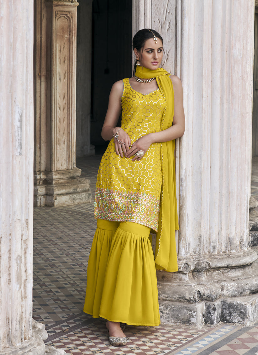 Lime Yellow Faux Georgette Embroidered Designer Sharara Kameez