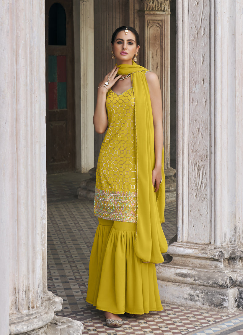Lime Yellow Faux Georgette Embroidered Designer Sharara Kameez