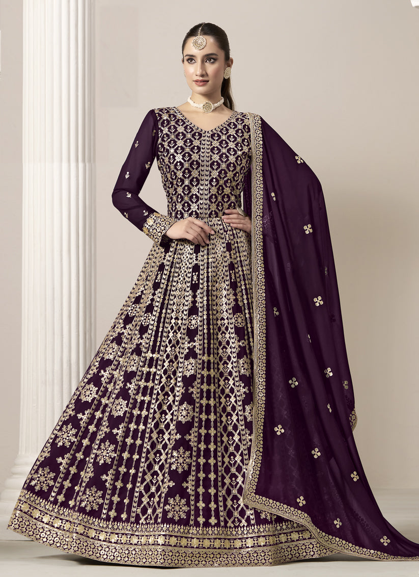 wine faux georgette embroidered anarkali suit