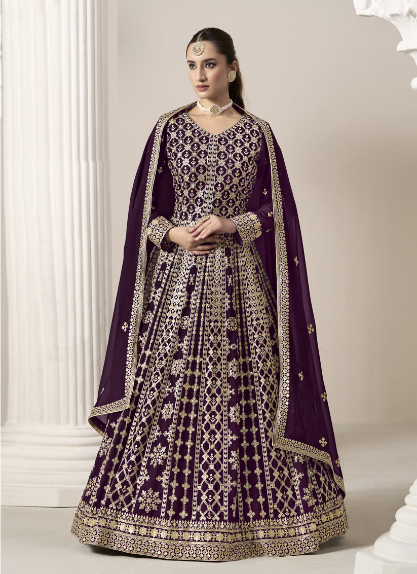 wine faux georgette embroidered anarkali suit