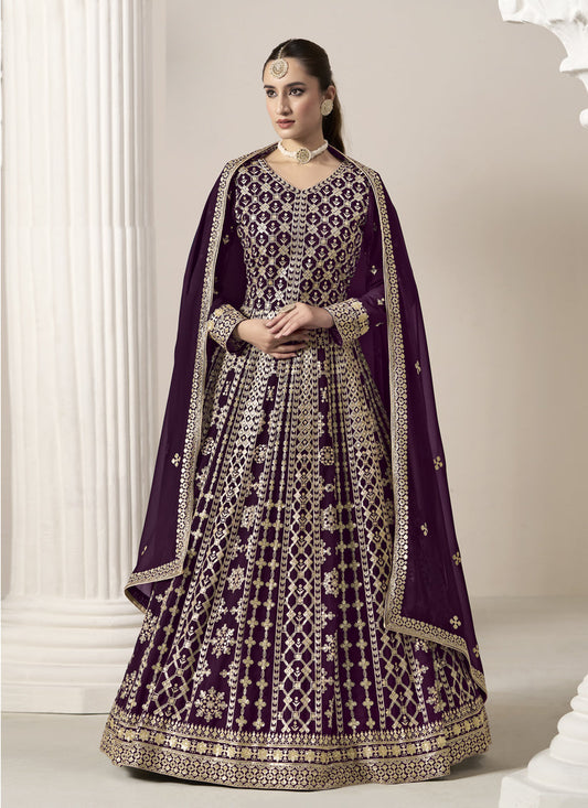 wine faux georgette embroidered anarkali suit