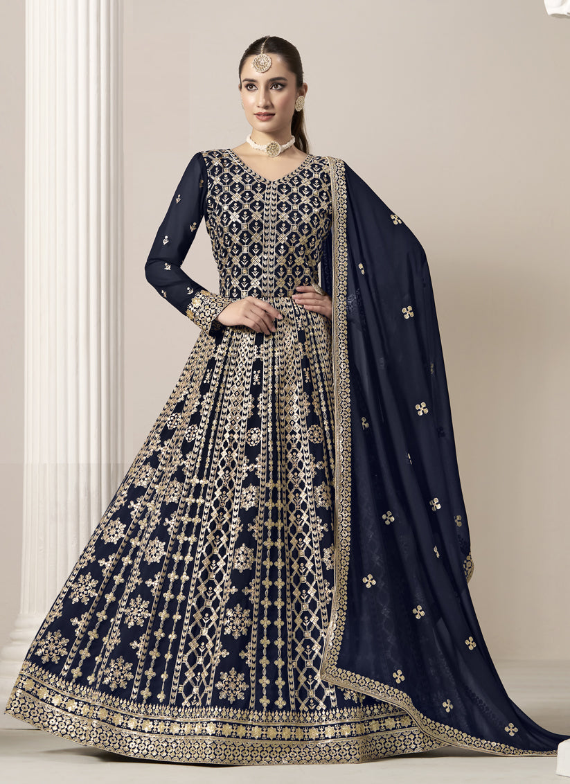 navy blue faux georgette embroidered anarkali suit