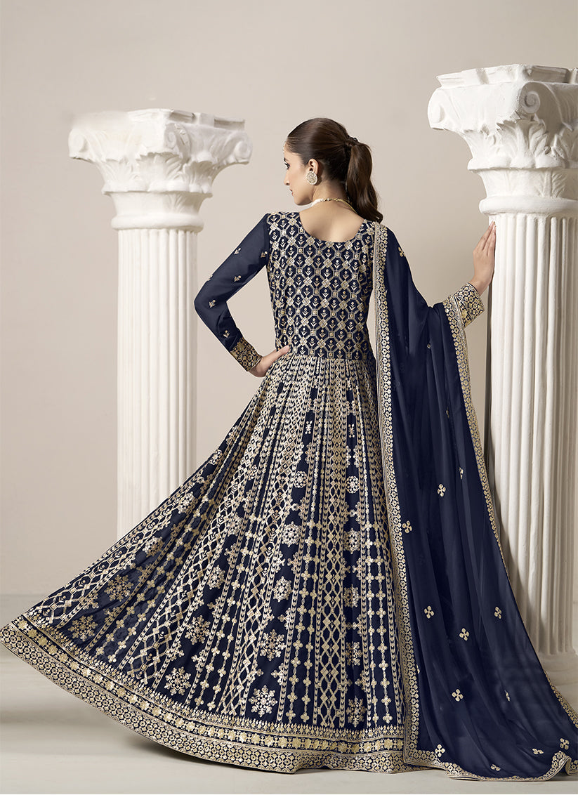 navy blue faux georgette embroidered anarkali suit