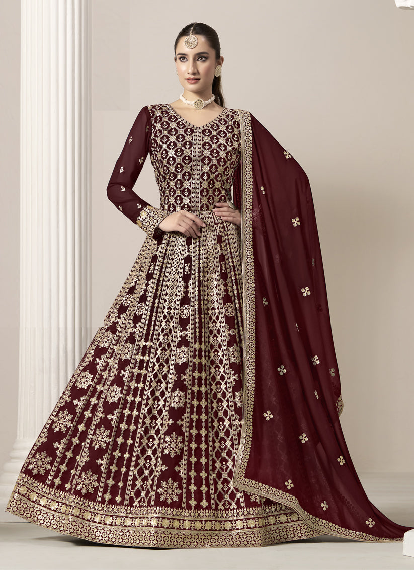 maroon faux georgette embroidered anarkali suit