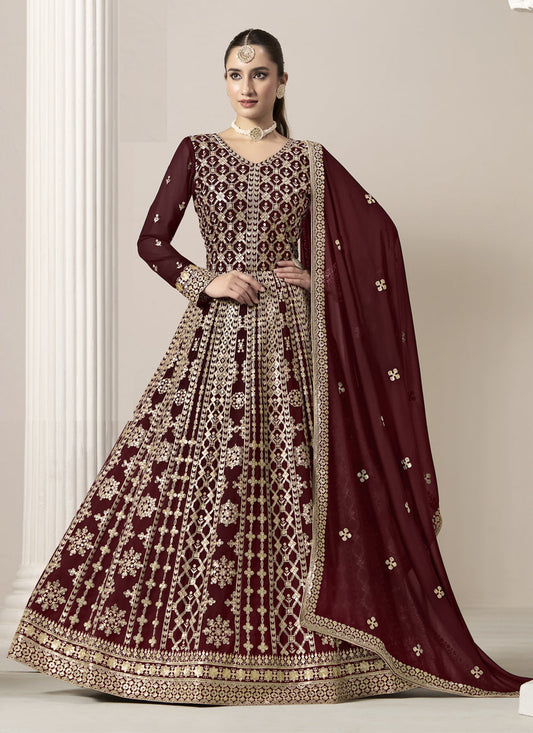 maroon faux georgette embroidered anarkali suit