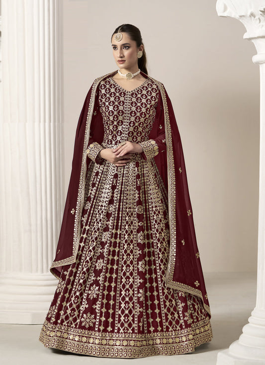maroon faux georgette embroidered anarkali suit